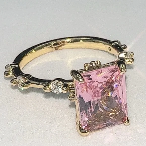 Princess Cut Pink CZ Ring – Gold Plated Brass Micro Inlay, Sizes 7 New - Picture 7 of 9